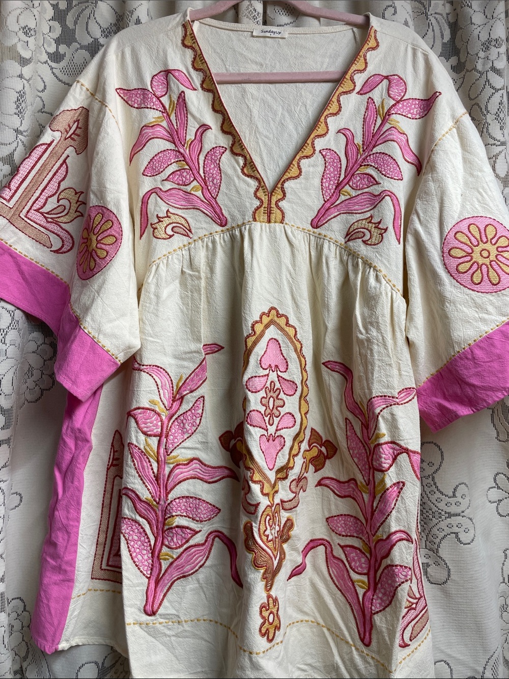 Sunday Up Cream Dress with Pink & Gold Embroidery size Small